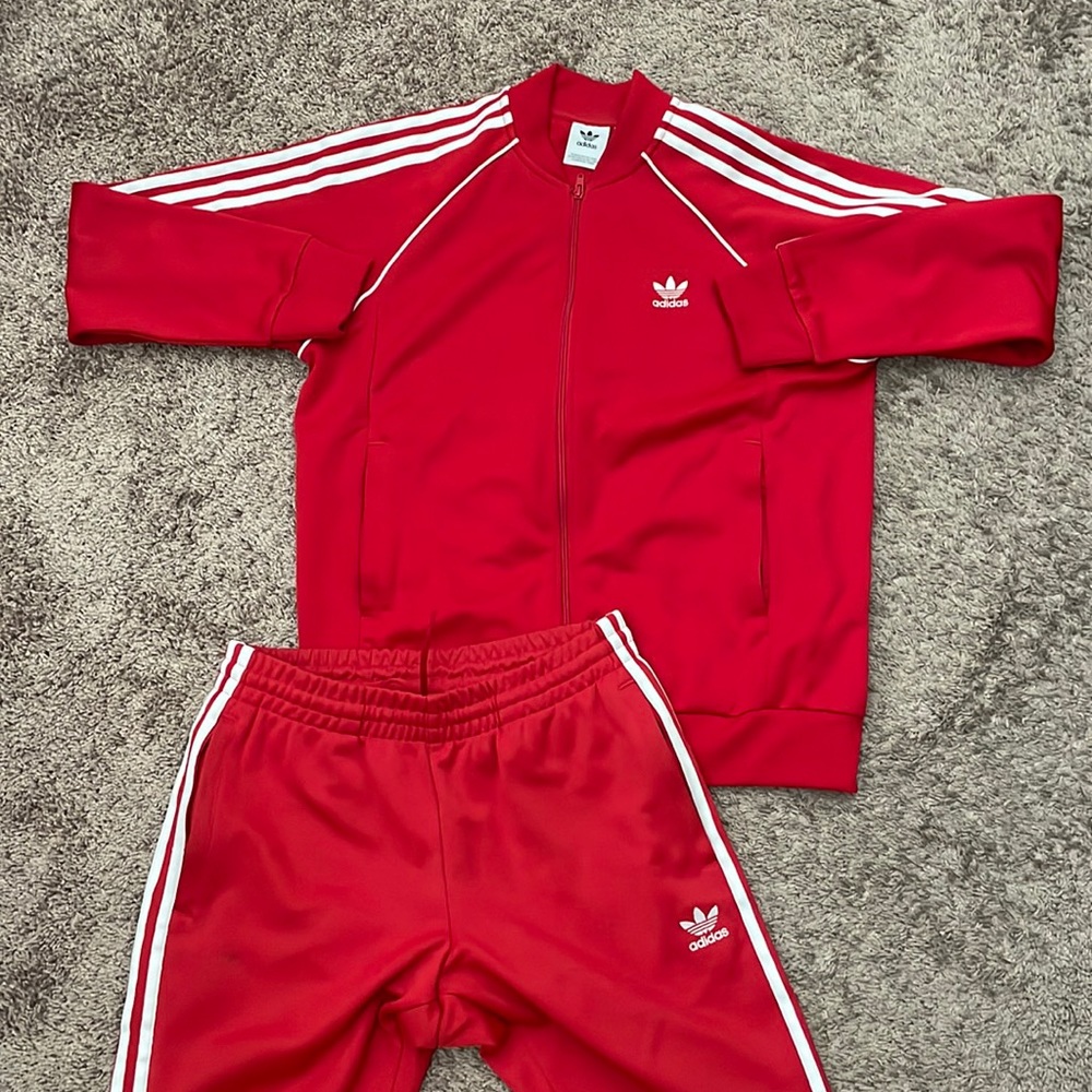Adidas Track Suit. Large jacket. Medium Pants. RED with white stripes and logo.